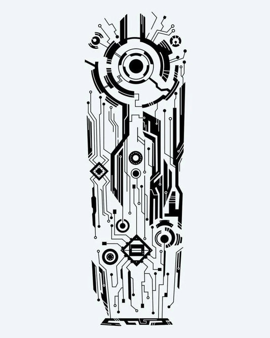 Tatuaje semi-permanente Circuito Cyberpunk diseño de INKON – ilustración de futurista, circuito, tabla, patrones, mecánico, 8 x 20 in (20x50cm), disponible en inkon.co