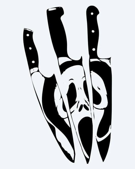 Tatuaje semi-permanente Cara Fantasma y Cuchillos diseño de INKON – ilustración de horror, tres, cocina, cuchillos, revelando, 4 x 4 in (9x9cm), disponible en inkon.co