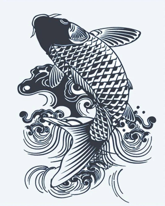 Tatuaje semi-permanente Pez Koi diseño de INKON – ilustración de japonés, pez, saltando, a través, olas, 4 x 7 in (10x17cm), disponible en inkon.co