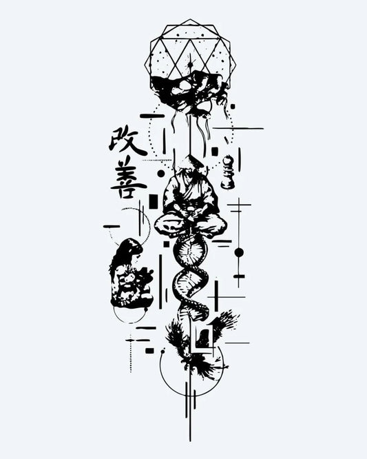 Tatuaje semi-permanente Dragón Japonés y Kanji diseño de INKON – ilustración de artístico, combinando, enroscándose, dragón, japonés, 8 x 20 in (20x50cm), disponible en inkon.co