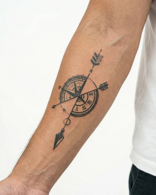 INKON Brújula y Flecha tatuaje semi-permanente aplicado en un hombre – diseño de 4 x 7 in (10x17cm), apariencia de tinta realista, dura 10 días