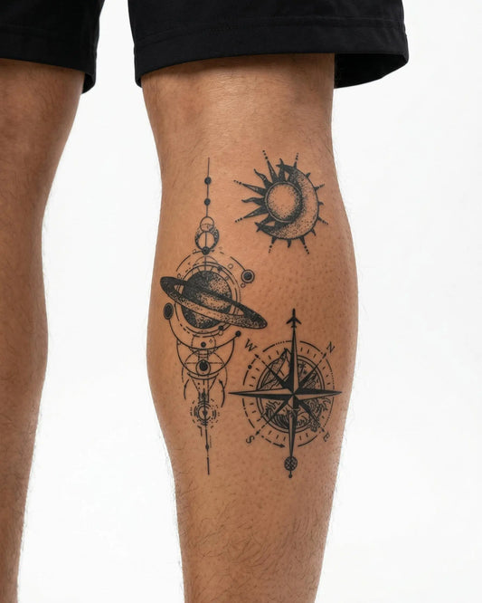 INKON Navegación Cósmica tatuaje semi-permanente aplicado en un hombre – diseño de 4 x 7 in (10x17cm), apariencia de tinta realista, dura 10 días