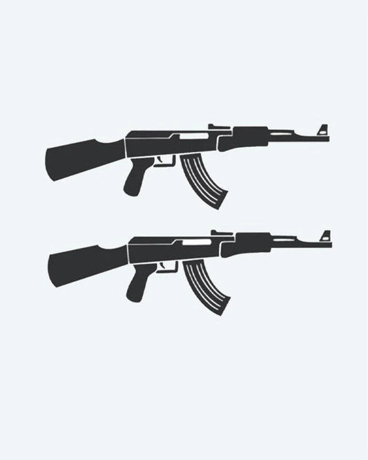 Tatuaje semi-permanente Dúo de Rifles de Asalto diseño de INKON – ilustración de hoja, silueta, asalto, rifles, caja torácica, 3 x 4 in (6x11cm), disponible en inkon.co