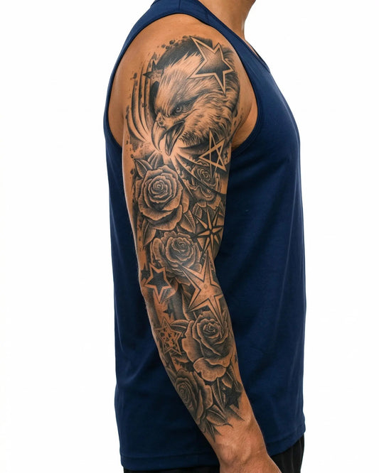 INKON Águila, Estrellas y Rosas tatuaje semi-permanente aplicado en un hombre – diseño de 8 x 20 in (20x50cm), apariencia de tinta realista, dura 10 días