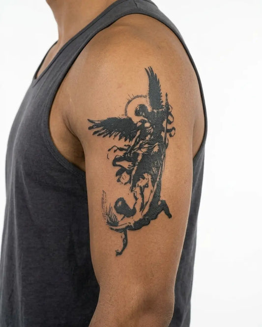 INKON Batalla del Ángel Caído tatuaje semi-permanente aplicado en un hombre – diseño de 4 x 8 in (11x21cm), apariencia de tinta realista, dura 10 días