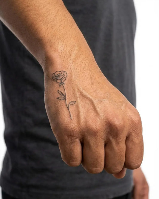 INKON Rosa Solitaria tatuaje semi-permanente aplicado en un hombre – diseño de 2 x 2 in (5x5cm), apariencia de tinta realista, dura 10 días