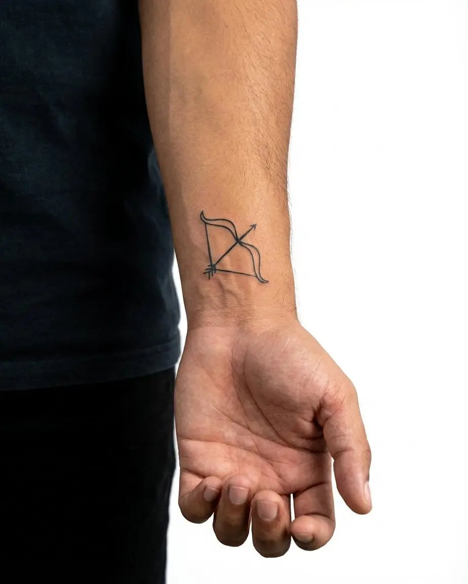 INKON Arco y Flecha tatuaje semi-permanente aplicado en un hombre – diseño de 2 x 2 in (5x5cm), apariencia de tinta realista, dura 10 días