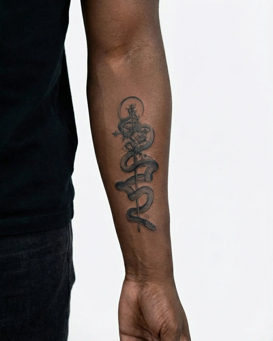 INKON Serpiente y Espada tatuaje semi-permanente aplicado en un hombre – diseño de 4 x 7 in (10x17cm), apariencia de tinta realista, dura 10 días