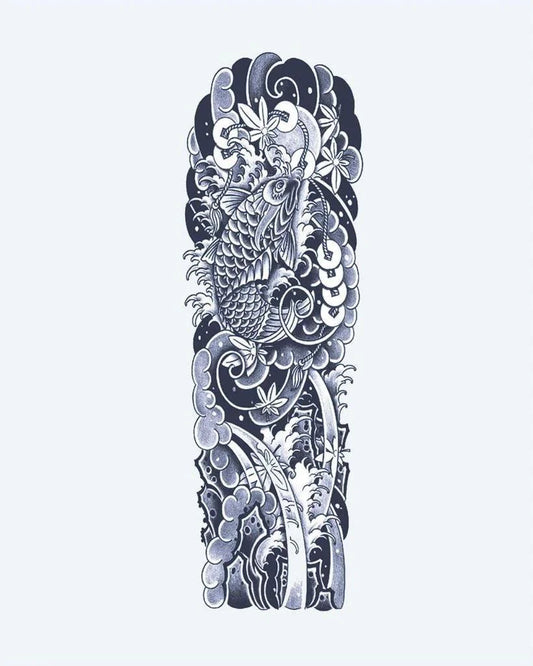 Tatuaje semi-permanente Manga de Pez Koi y Olas diseño de INKON – ilustración de japonés, irezumi, completo, manga, pez, 8 x 20 in (20x50cm), disponible en inkon.co