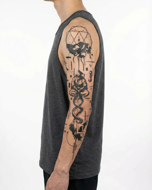 INKON Dragón Japonés y Kanji tatuaje semi-permanente aplicado en un hombre – diseño de 8 x 20 in (20x50cm), apariencia de tinta realista, dura 10 días