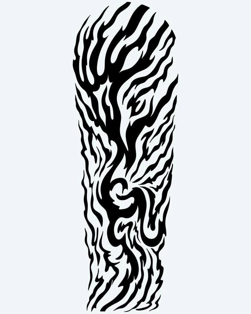 Tatuaje semi-permanente Manga Tribal de Llamas diseño de INKON – ilustración de intenso, tribal, llama, orgánico, fuego, 8 x 20 in (20x50cm), disponible en inkon.co