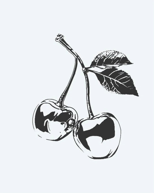 Tatuaje semi-permanente Cerezas diseño de INKON – ilustración de par, maduro, cerezas, tallo, hoja, 2 x 2 in (5x5cm), disponible en inkon.co