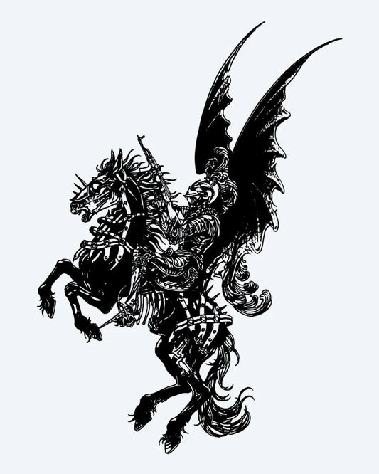 Tatuaje semi-permanente Jinete de Dragón diseño de INKON – ilustración de guerrero, montando, alado, dragón, silueta, 4 x 8 in (11x21cm), disponible en inkon.co