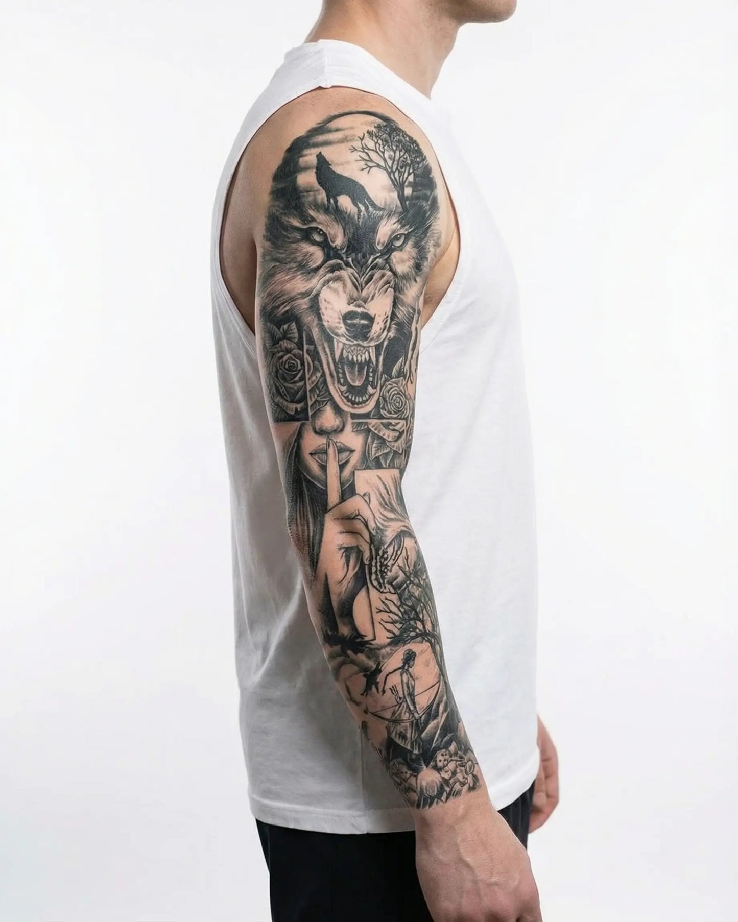INKON Lobo y Bosque Nocturno tatuaje semi-permanente aplicado en un hombre – diseño de 8 x 20 in (20x50cm), apariencia de tinta realista, dura 10 días