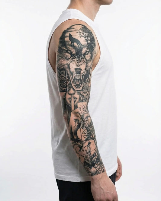 INKON Lobo y Bosque Nocturno tatuaje semi-permanente aplicado en un hombre – diseño de 8 x 20 in (20x50cm), apariencia de tinta realista, dura 10 días