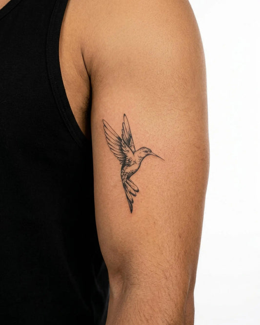 INKON Colibrí tatuaje semi-permanente aplicado en un hombre – diseño de 3 x 4 in (6x11cm), apariencia de tinta realista, dura 10 días