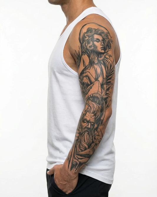 INKON Medusa y Poseidón tatuaje semi-permanente aplicado en un hombre – diseño de 8 x 20 in (20x50cm), apariencia de tinta realista, dura 10 días