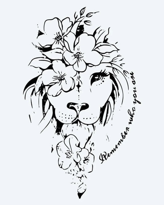 Tatuaje semi-permanente León Floral diseño de INKON – ilustración de suave, león, rostro, adornado, corona, 4 x 7 in (10x17cm), disponible en inkon.co