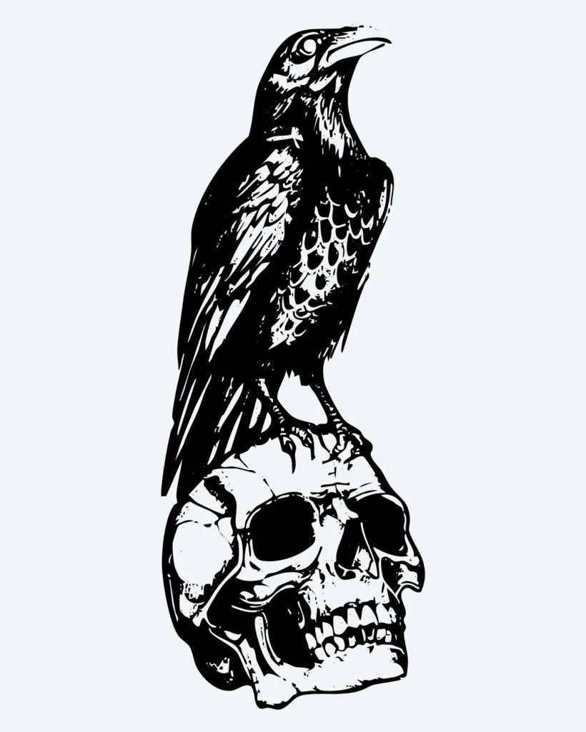 Tatuaje semi-permanente Cuervo sobre Calavera diseño de INKON – ilustración de oscuro, cuervo, posado, sobre, humano, 4 x 7 in (10x17cm), disponible en inkon.co