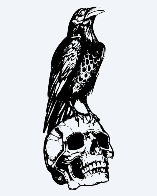 Tatuaje semi-permanente Cuervo sobre Calavera diseño de INKON – ilustración de oscuro, cuervo, posado, sobre, humano, 4 x 7 in (10x17cm), disponible en inkon.co