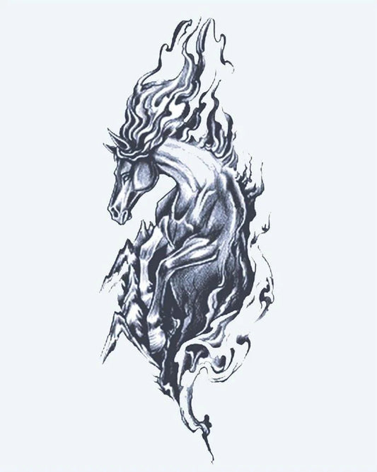 Tatuaje semi-permanente Caballo Salvaje diseño de INKON – ilustración de encabritado, caballo, fluido, melena, dramático, 4 x 7 in (10x17cm), disponible en inkon.co