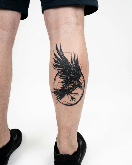 INKON Cuervo en Vuelo tatuaje semi-permanente aplicado en un hombre – diseño de 4 x 7 in (10x17cm), apariencia de tinta realista, dura 10 días