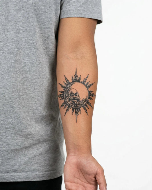INKON Calavera Sol y Luna tatuaje semi-permanente aplicado en un hombre – diseño de 4 x 4 in (9x9cm), apariencia de tinta realista, dura 10 días
