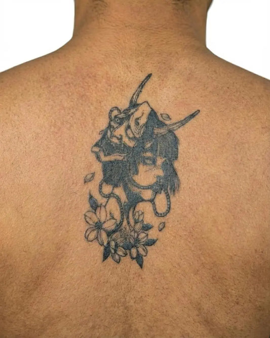 INKON Máscara Hannya y Geisha tatuaje semi-permanente aplicado en un hombre – diseño de 4 x 7 in (10x17cm), apariencia de tinta realista, dura 10 días
