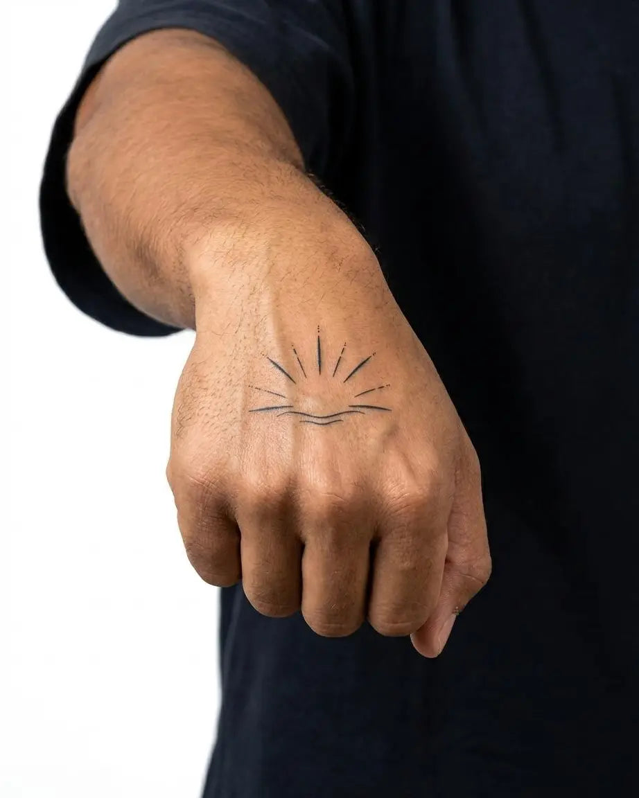 INKON Horizonte al Amanecer tatuaje semi-permanente aplicado en un hombre – diseño de 2 x 2 in (5x5cm), apariencia de tinta realista, dura 10 días