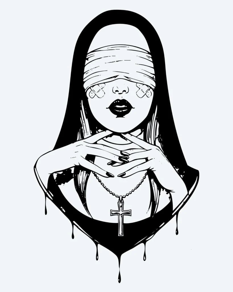 Tatuaje semi-permanente Monja con los Ojos Vendados diseño de INKON – ilustración de misterioso, con los ojos vendados, mujer, velo, sosteniendo, 4 x 7 in (10x17cm), disponible en inkon.co
