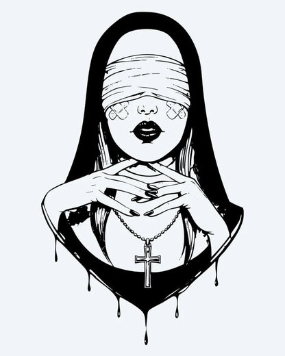 Tatuaje semi-permanente Monja con los Ojos Vendados diseño de INKON – ilustración de misterioso, con los ojos vendados, mujer, velo, sosteniendo, 4 x 7 in (10x17cm), disponible en inkon.co