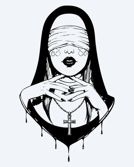 Tatuaje semi-permanente Monja con los Ojos Vendados diseño de INKON – ilustración de misterioso, con los ojos vendados, mujer, velo, sosteniendo, 4 x 7 in (10x17cm), disponible en inkon.co