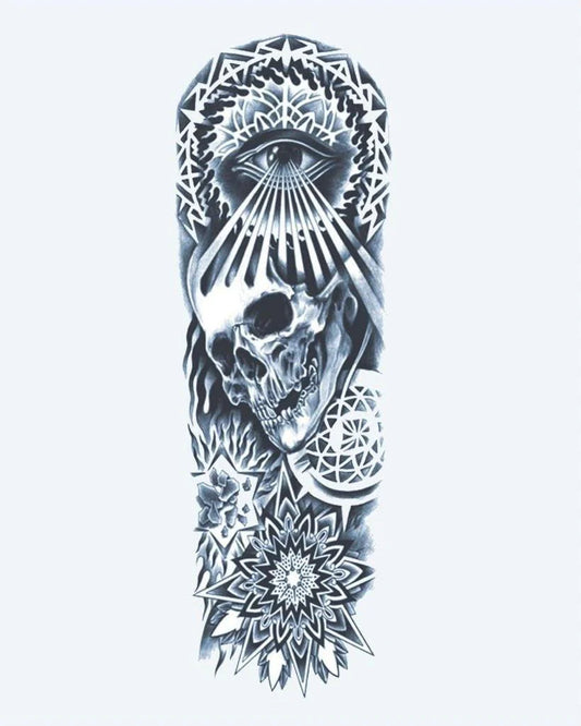 Tatuaje semi-permanente Calavera, Ojo que Todo lo Ve y Mandala diseño de INKON – ilustración de místico, completo, manga, calavera, viendo, 8 x 20 in (20x50cm), disponible en inkon.co
