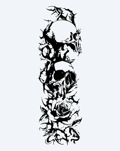 Tatuaje semi-permanente Manga de Calaveras y Rosas diseño de INKON – ilustración de completo, manga, calaveras, entrelazado, rosas, 8 x 20 in (20x50cm), disponible en inkon.co