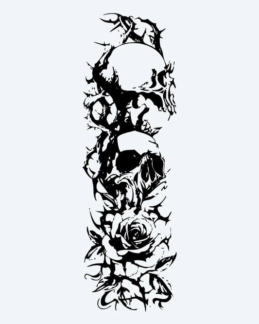 Tatuaje semi-permanente Manga de Calaveras y Rosas diseño de INKON – ilustración de completo, manga, calaveras, entrelazado, rosas, 8 x 20 in (20x50cm), disponible en inkon.co