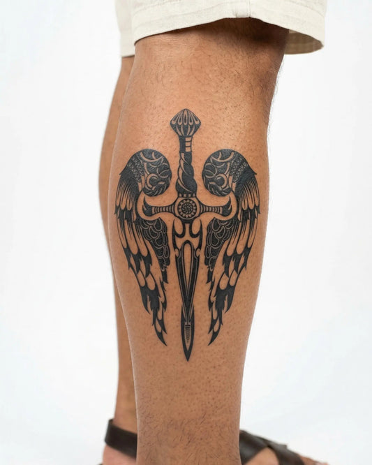 INKON Daga Alada tatuaje semi-permanente aplicado en un hombre – diseño de 4 x 7 in (10x17cm), apariencia de tinta realista, dura 10 días