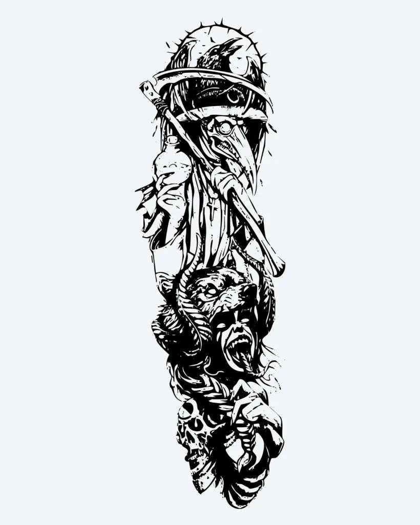 Tatuaje semi-permanente Doctor de la Peste y Oso diseño de INKON – ilustración de oscuro, plaga, doctor, figura, oso, 8 x 20 in (20x50cm), disponible en inkon.co