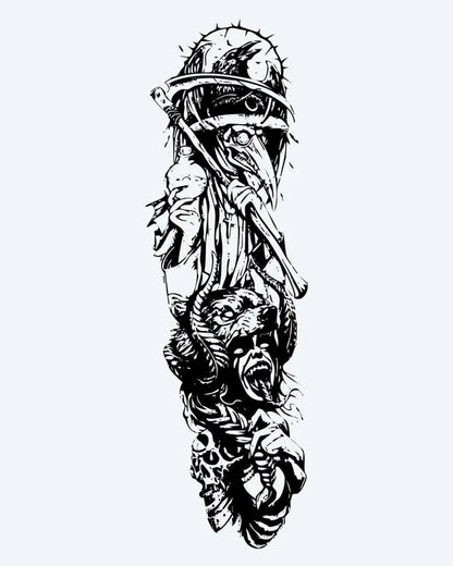 Tatuaje semi-permanente Doctor de la Peste y Oso diseño de INKON – ilustración de oscuro, plaga, doctor, figura, oso, 8 x 20 in (20x50cm), disponible en inkon.co