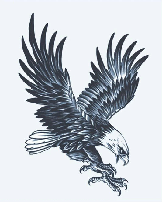 Tatuaje semi-permanente Águila Calva diseño de INKON – ilustración de majestuoso, calvo, águila, en picada, abajo, 4 x 7 in (10x17cm), disponible en inkon.co