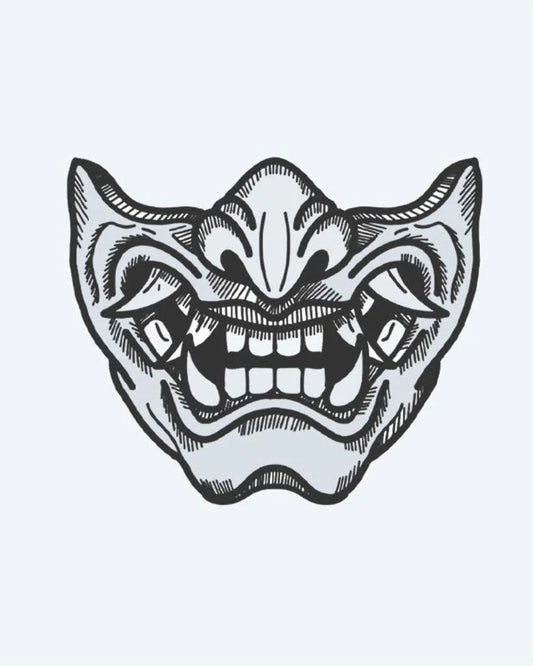 Tatuaje semi-permanente Máscara Oni diseño de INKON – ilustración de japonés, demonio, medio, máscara, afilado, 4 x 4 in (9x9cm), disponible en inkon.co