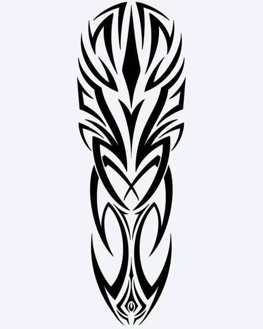 Tatuaje semi-permanente Emblema Tribal en Negrita diseño de INKON – ilustración de simétrico, tribal, afilado, intersectando, líneas, 8 x 20 in (20x50cm), disponible en inkon.co