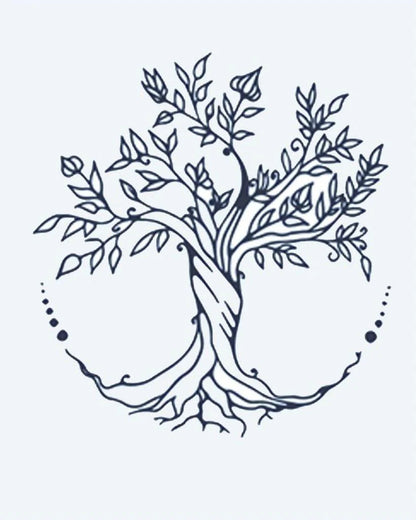 Tatuaje semi-permanente Árbol de la Vida diseño de INKON – ilustración de árbol, vida, entrelazado, raíces, frondoso, 2 x 2 in (5x5cm), disponible en inkon.co