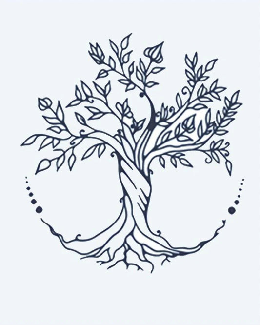 Tatuaje semi-permanente Árbol de la Vida diseño de INKON – ilustración de árbol, vida, entrelazado, raíces, frondoso, 2 x 2 in (5x5cm), disponible en inkon.co