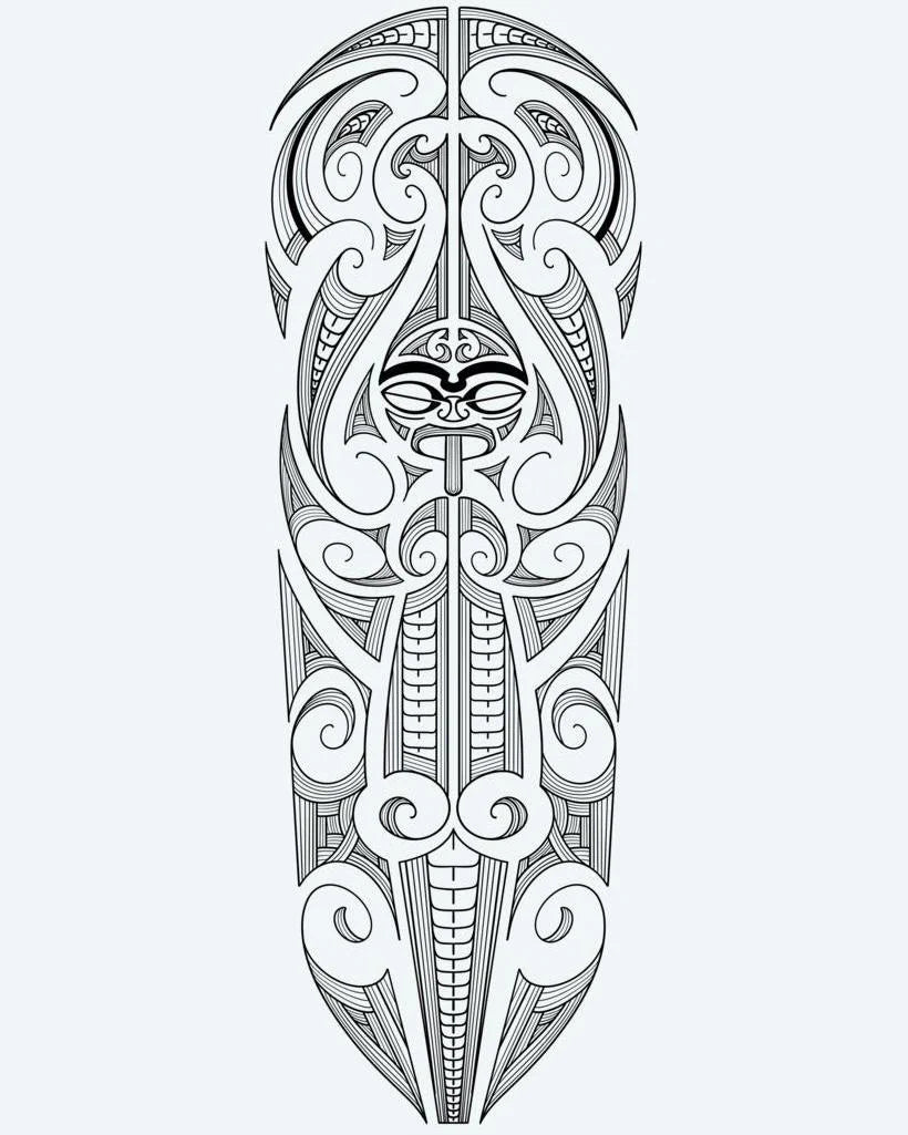 Tatuaje semi-permanente Manga Completa Maorí Tiki diseño de INKON – ilustración de polinesio, tiki, rostro, centro, rodeado, 8 x 20 in (20x50cm), disponible en inkon.co