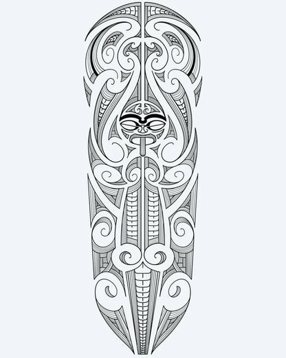 Tatuaje semi-permanente Manga Completa Maorí Tiki diseño de INKON – ilustración de polinesio, tiki, rostro, centro, rodeado, 8 x 20 in (20x50cm), disponible en inkon.co