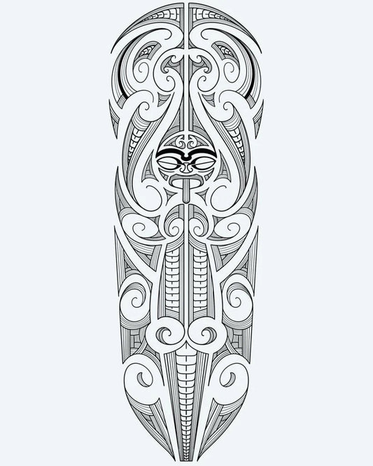 Tatuaje semi-permanente Manga Completa Maorí Tiki diseño de INKON – ilustración de polinesio, tiki, rostro, centro, rodeado, 8 x 20 in (20x50cm), disponible en inkon.co
