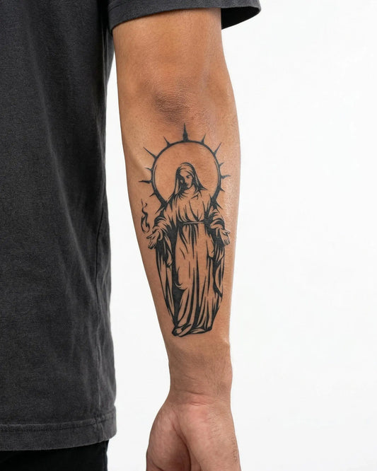 INKON Virgen María con Aureola tatuaje semi-permanente aplicado en un hombre – diseño de 4 x 7 in (10x17cm), apariencia de tinta realista, dura 10 días