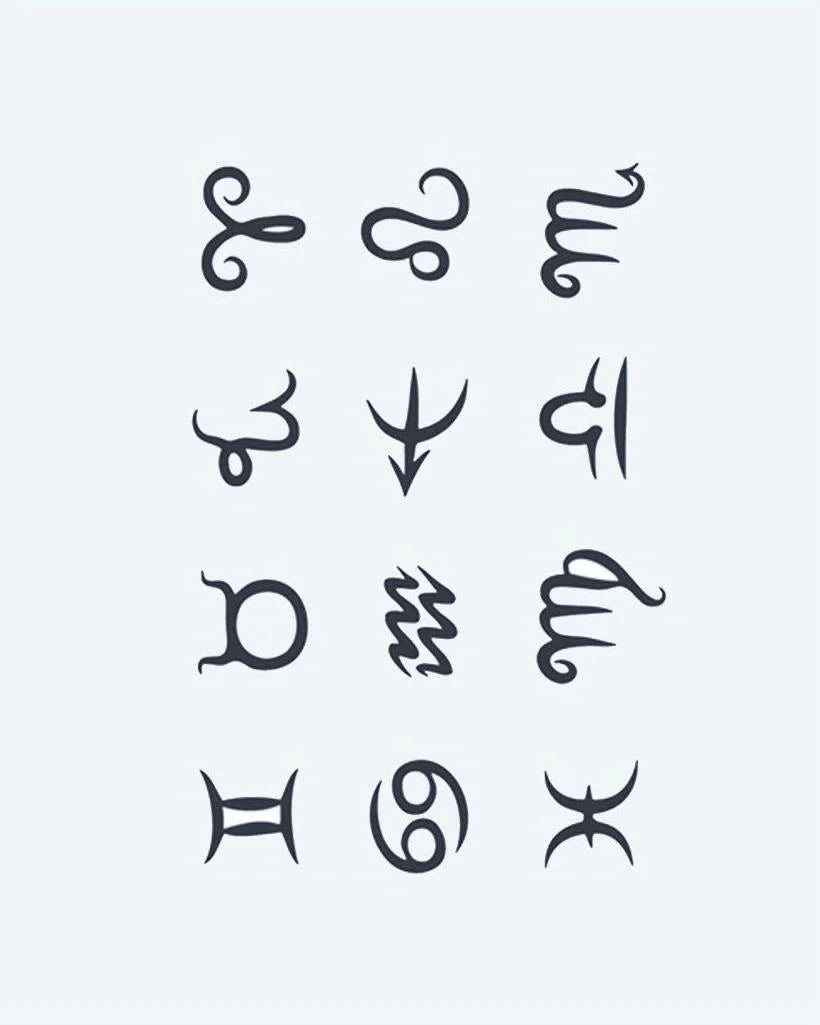 Tatuaje semi-permanente Colección de Signos del Zodiaco diseño de INKON – ilustración de zodiaco, símbolo, tatuajes, minimalista, caligráfico, 4 x 7 in (10x17cm), disponible en inkon.co