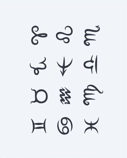 Tatuaje semi-permanente Colección de Signos del Zodiaco diseño de INKON – ilustración de zodiaco, símbolo, tatuajes, minimalista, caligráfico, 4 x 7 in (10x17cm), disponible en inkon.co