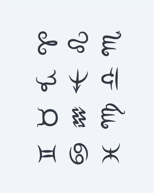 Tatuaje semi-permanente Colección de Signos del Zodiaco diseño de INKON – ilustración de zodiaco, símbolo, tatuajes, minimalista, caligráfico, 4 x 7 in (10x17cm), disponible en inkon.co